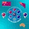 Set of illustrations of flag, outline map, icons CORAL SEA ISLANDS TERRITORY. AUSTRALIAN OUTER TERRITORIES. Travel concept