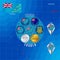 Set of illustrations of flag, outline map, icons of Tuvalu. Travel concept