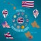 Set of illustrations of flag, outline map, money, icons of Hawaii. Travel concept