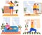 Set of illustrations about girl with excess weight doing sports and eating healthy food at home