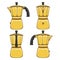 Set of illustrations of golden geyser coffee makers. Isolated vector colored objects.
