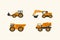A set of illustrations of Large Trucks on the road. Children's vector cartoon yellow transport. Trucks for the delivery
