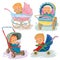 Set illustrations of little kids in a baby carriage and stroller