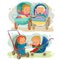 Set illustrations of little kids in a baby carriage and stroller