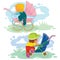 Set illustrations of little kids and baby carriage, stroller