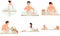 Set of illustrations people and wellness spa procedures, characters relaxing in sauna or banya