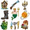 Set illustrations with pirate attributes. Various items Medieval Pirates. Cartoon drawing for gaming mobile applications