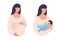 Set of illustrations about pregnancy and motherhood. Pregnant woman with tummy. Lady with a newborn baby. Vector illustration in a