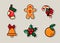 Set of illustrations of symbols of Christmas. Gingerbread man, Christmas sock, candy cane, holly, Christmas bell