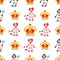 Set of illustrations on the theme of fairy tale Alice`s Adventures in Wonderland. Cards and crowns. Seamless pattern can