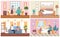 Set of illustrations on the theme of relatives treat patients. People with flu at home isolation