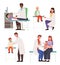 A set of illustrations on the topic of treating sick children. The doctor works with patients