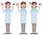 A set of illustrations in which a middle-aged female doctor wearing a white coat and wearing a stethoscope answers the questions