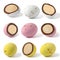 Set of images chocolates in the form of whole and halves eggs different color. Full depth of field.