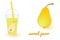 Set of images of glass with sweet pear juice and whole pear. Illustration in bright colors on white background. Vector