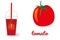 Set of images of glass with tomato juice and whole tomato. Illustration in bright colors on white background. Vector illustration