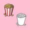 A set of images. Large paper cup with popcorn, vector cartoon