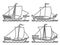 Set of images of medieval merchant ships with one sail drawn in art line style