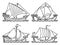 Set of images of medieval warships with one sail drawn in art line style