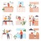 Set of images of people in the kitchen. Vector illustration.