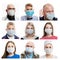 A set of images of people in medical masks. Men, women, children on a white background. Collage. Square format