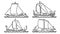 Set of images of sailing ships of antiquity drawn in art line style