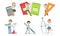 Set of images of schoolchildren with huge stationery. Vector illustration.