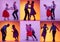 Set with images of stylish men and women dancing in bright clothes on colorful background at dance hall in neon light