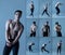 Set of images of young artistic man, flexible male contemp dancer dancing  on old navy studio background. Art