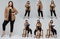 Set of images of young woman in casual style wear on grey background. Body positive, equality, feminism concept