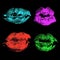 Set of imprint kiss neon lips isolated on black background