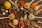 Set of Indian spices on wooden table - Top view