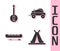 Set Indian teepee or wigwam, Banjo, Kayak or canoe and paddle and Wild west covered wagon icon. Vector