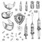 Set of ink sketch medical icon mask, pills, syringes, injections, drugs, thermometer, sanitizer, scissors isolated on white