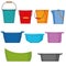 Set of insulated containers for washing and cleaning made of plastic, basins bucket bath, vector in flat style