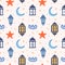 Set of Islamic background, suitable for ramadan or Eid al fitr with traditional lantern, star, half moon, mosque and clouds.