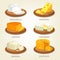 Set of isolated chunks of cheese on plates