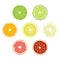 Set of isolated colored circle slices of bergamot, lime, lemon, orange, pomelo, bloody orange, pink grapefruit on white background