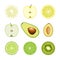 Set of isolated colored circle slices of bergamot, lime, lemon, pomelo, apple, avocado, kiwi, plum on white background. Realistic