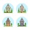 Set of Isolated colored half timbered buildings on white background. Flat facade of european framing house, cottage. Colorful