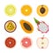 Set of isolated colored slices of lemon, orange, apricot, passion fruit, pawpaw, dragon fruit, pink grapefruit and red apple on wh
