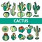 Set of isolated colorful cactus and succulents in black outline.