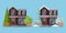 Set of isolated country rural two storey farm winter and summer houses with fences