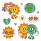 set of isolated cute groovy Earth, Sun, cloud, flower