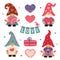 Set of isolated cute love gnomes, hearts, gifts