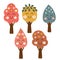 Set of isolated cute trees with leaves, berries, flowers