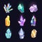 Set of isolated diamonds, crystal, quartz icons