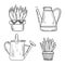 Set of isolated doodle icons in line art style. Houseplants in pots and watering cans or jugs. Black and white stickers of cacti