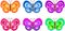 Set of isolated drawings of butterflies of different colors