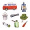 Set of isolated elements of camping watercolor illustration on white background